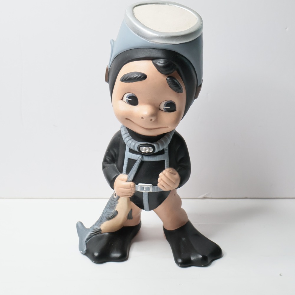 Vintage 70s‎ Atlantic Mold Scuba Diver Boy Ceramic Statue Figurine w Fish 11.5"